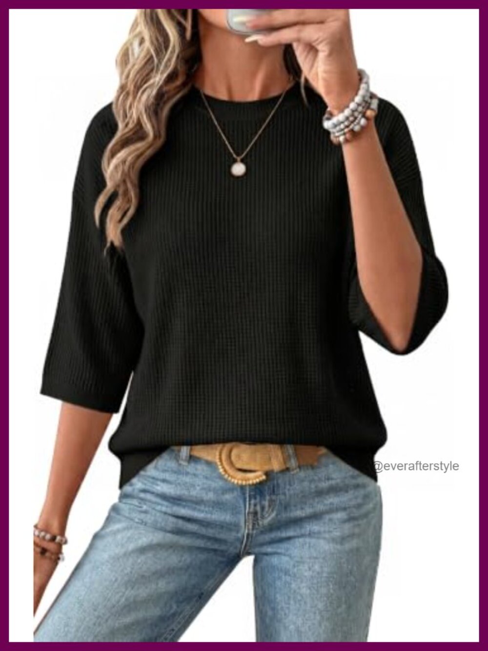 Women's Oversized 3/4 Sleeve Crochet Sweater Top